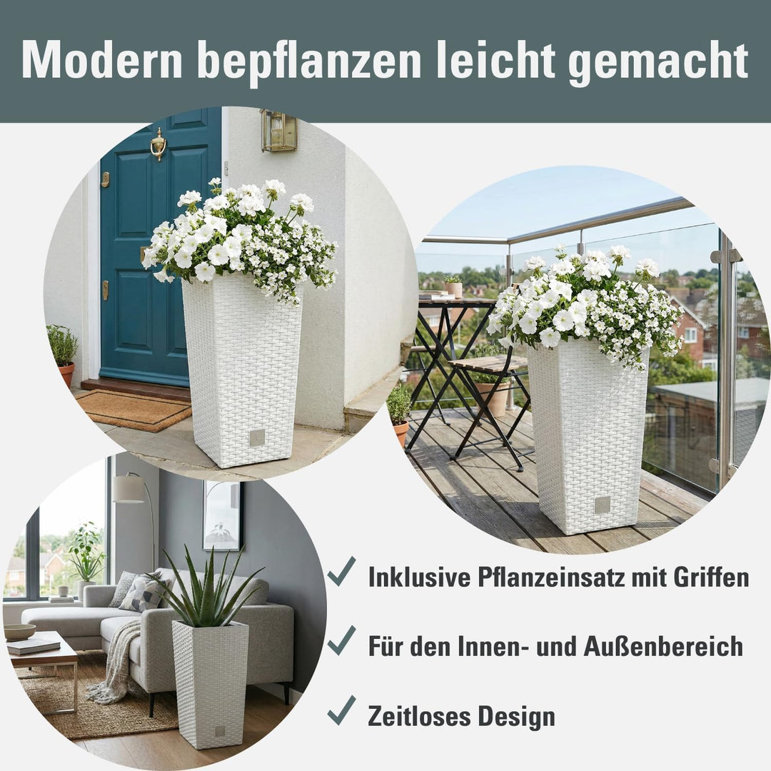 Prosperplast Rato Square Blumentopf 26,5 x 26,5 x 50 cm Weiss | Moderner Pflanzkübel in Rattan-Optik