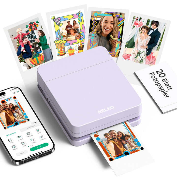 Nelko Fotodrucker PP01 Farbe Tragbarer Mini Fotodrucker für Smartphone mit 20 Fotopapier, Tintenstra