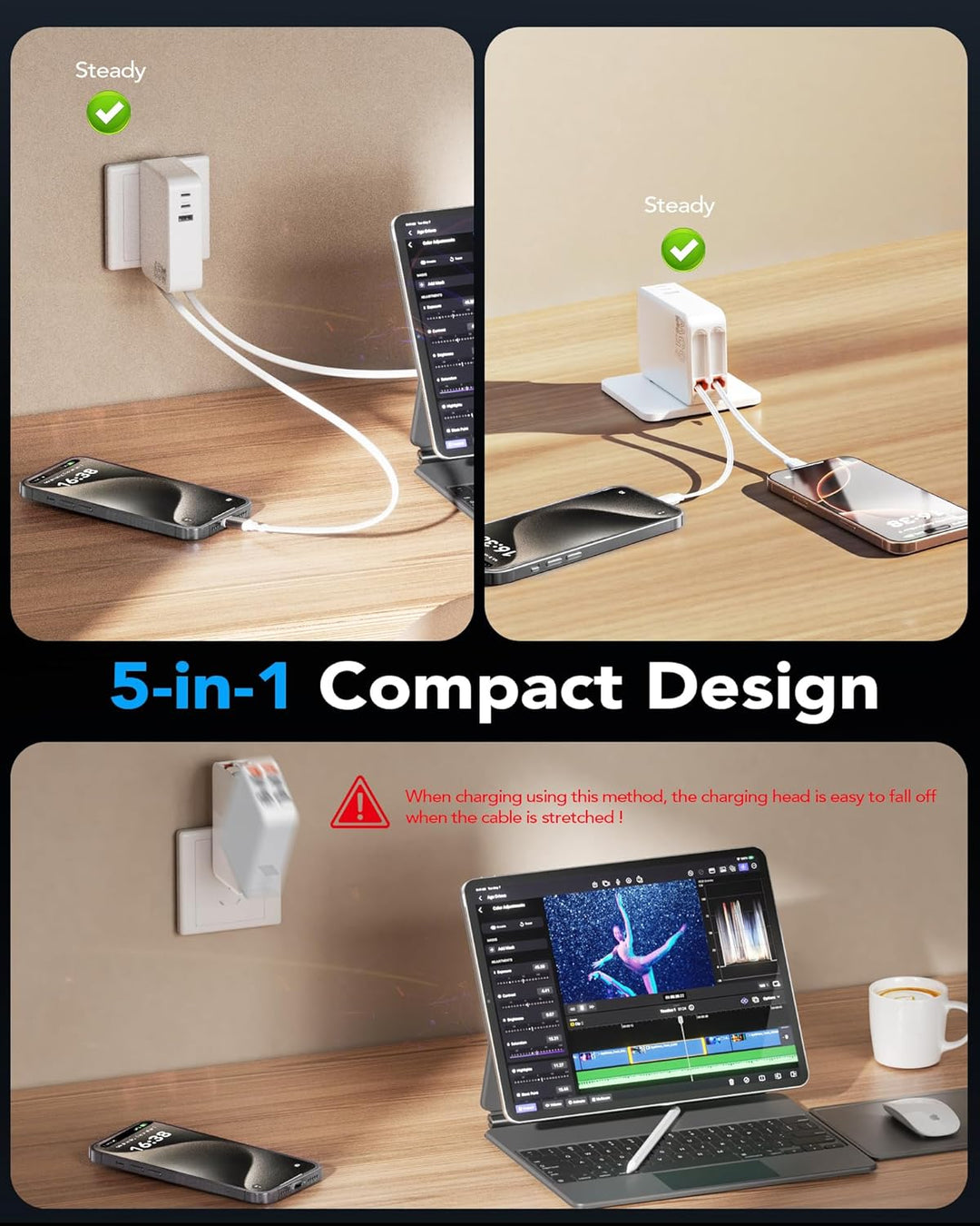 SPGUARD 5-in-1 Einziehbares Ladegerät 65W mit 2 Ausziehbares Kabel 120CM | USB C GaN Wandladegerät m