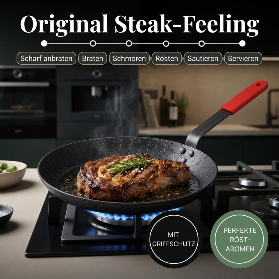 pasoli Steak-Pfanne aus Carbonstahl, voreingebrannt (mit Griffschutz) Steak-Pfanne mit Griffschutz,