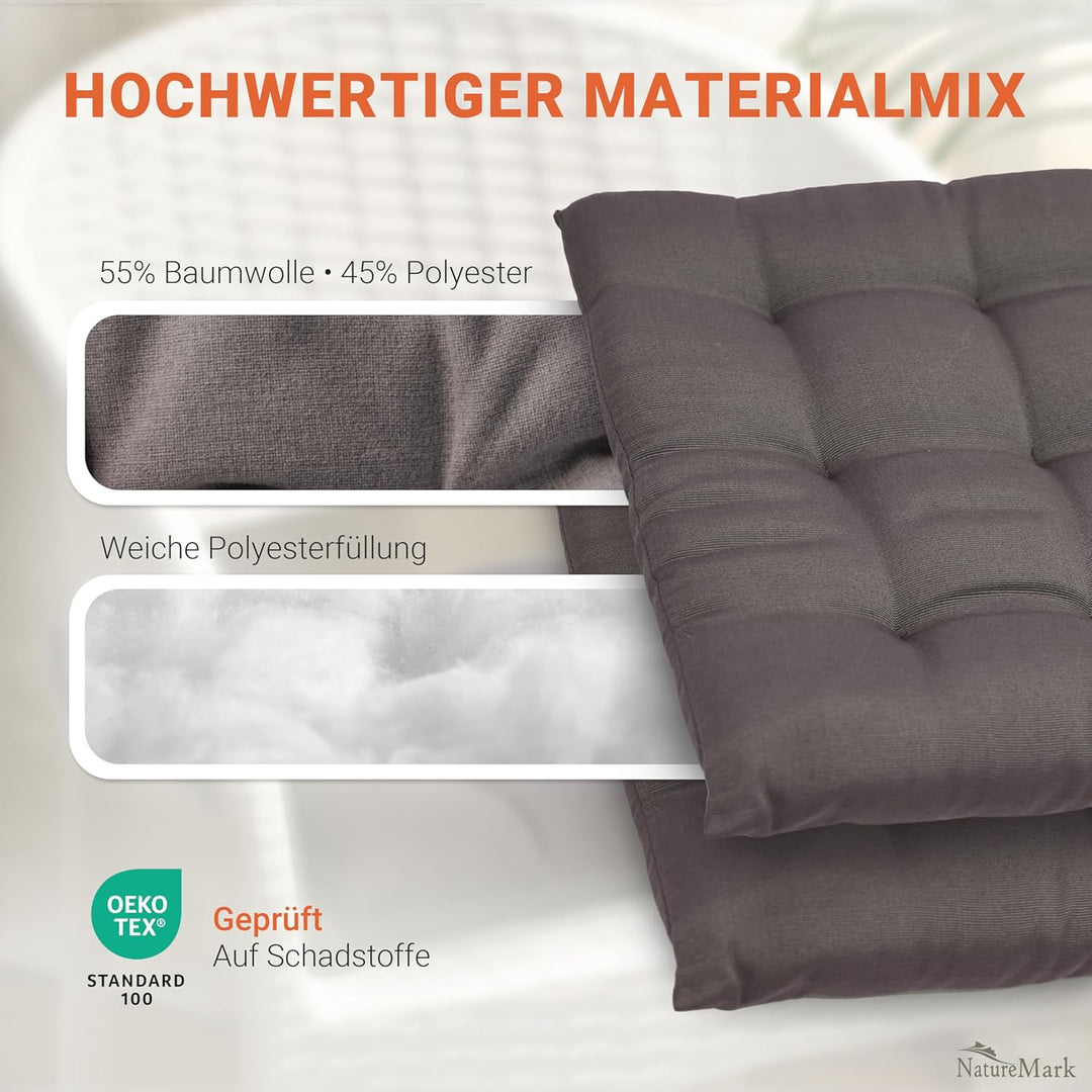 NatureMark 4er Set Stuhlkissen mit Bändern 40x40 cm – Gefüllte Sitzkissen, Outdoor & Indoor – Anthra
