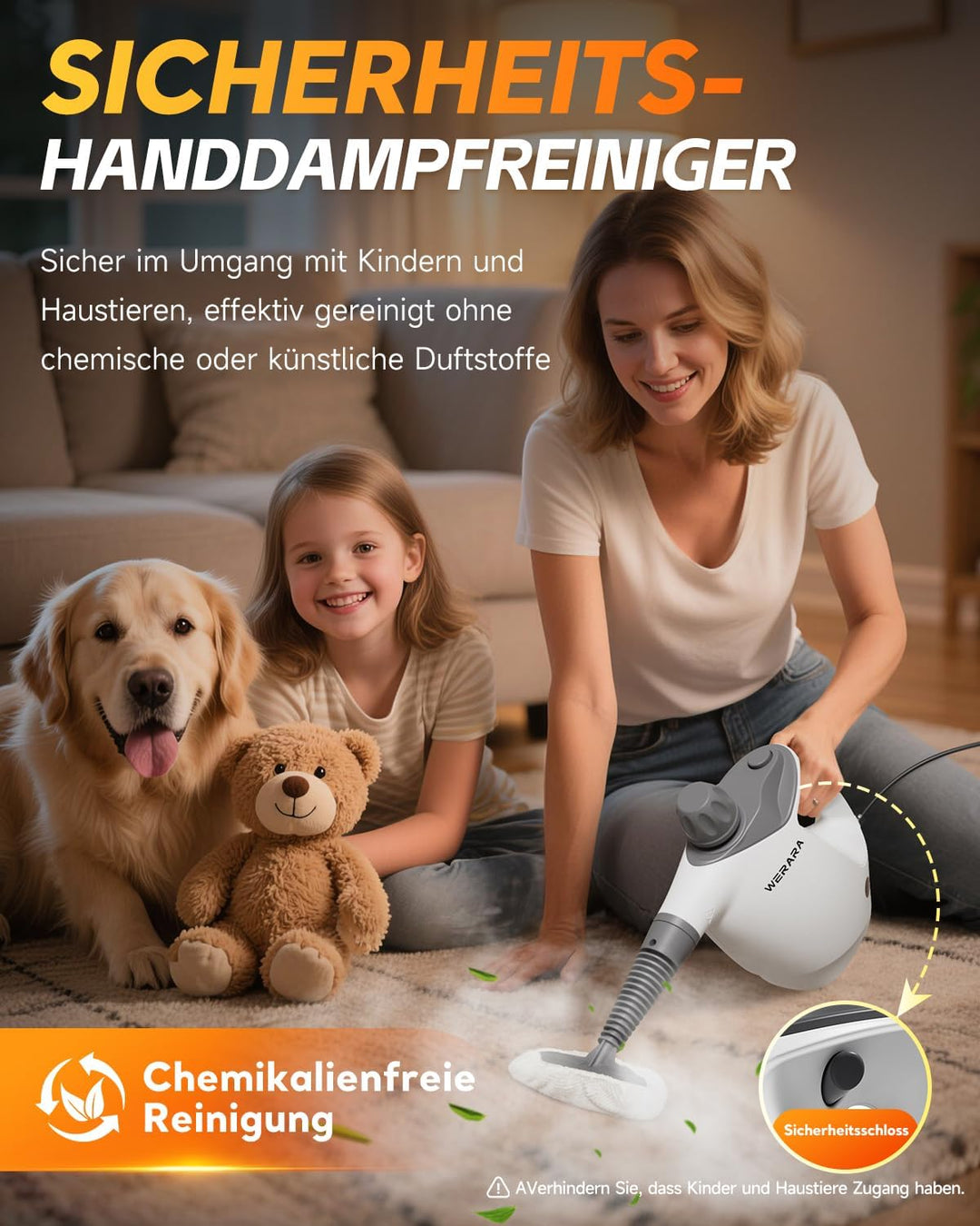 Dampfreiniger Handgerät,500 ml Steam Cleaner, 1050 Watt Hochdruckfunktion, mit 16 Zubehörteilen und