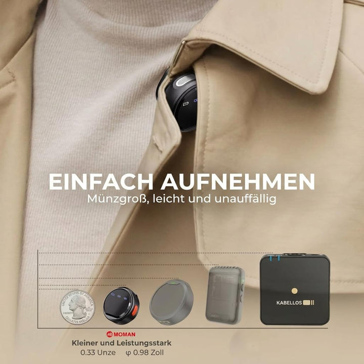 Moman Coin Wireless Lavalier Mikrofon für iPhone/Android, das kleinste 48H 50.0 m Reichweite Noise C