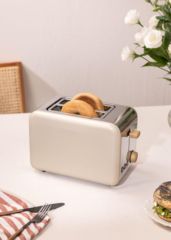 CREATE/TOAST RETRO/Toaster Sand / 6 Leistungsstufen, Krümelschublade, Thermostat, Auftauen, Aufwärme