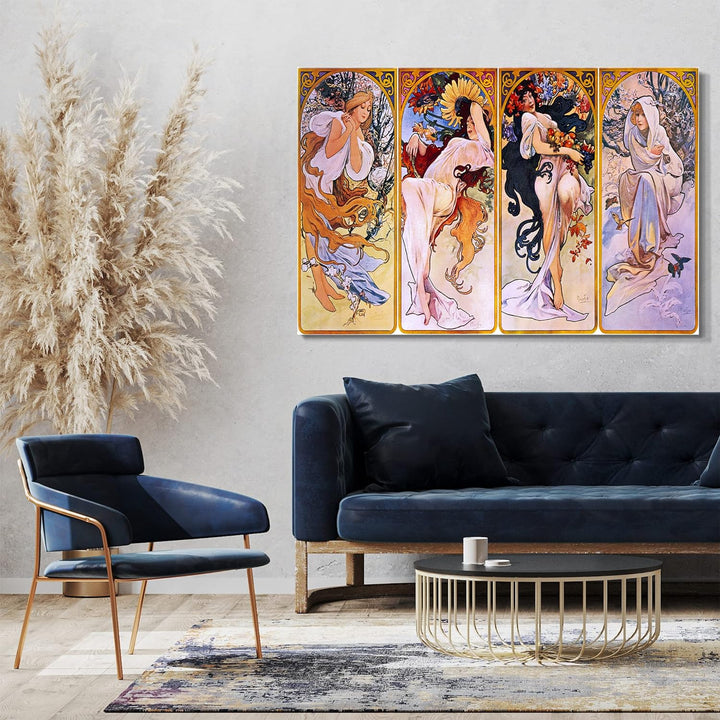 Printed Paintings Leinwand (100x70cm): Alfons Mucha - Vier Jahreszeiten 100x70 cm, 100x70 cm