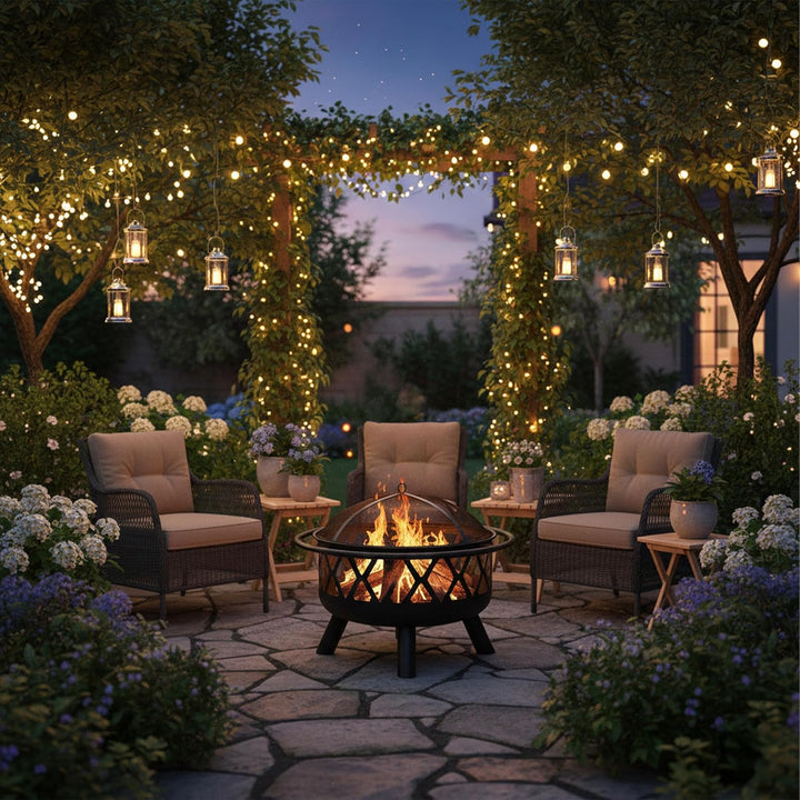 Relaxdays Feuerschale mit Funkenschutz, Garten &amp; Terrasse, mit Schürhaken, Outdoor Feuerstelle, Stah