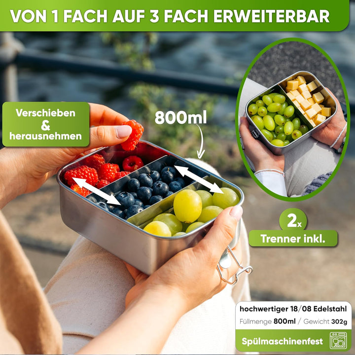 Blockhütte Premium Edelstahl Brotdose I 800ml I für Kinder inkl. Fächern & Ersatzdichtung. I Die Fri
