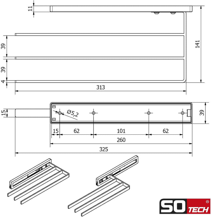 SOTECH Handtuchauszug Style 3-armig schwarz 325 mm Auszugsweg 145 mm Handtuchhalter für Seitenmontag
