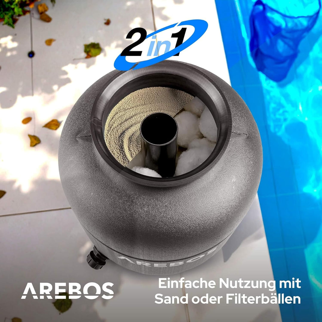 Arebos Sandfilteranlage mit Pumpe inkl. 1400g Filterbälle + 2m Schlauch | Schwarz | 400W | 10.200 L/