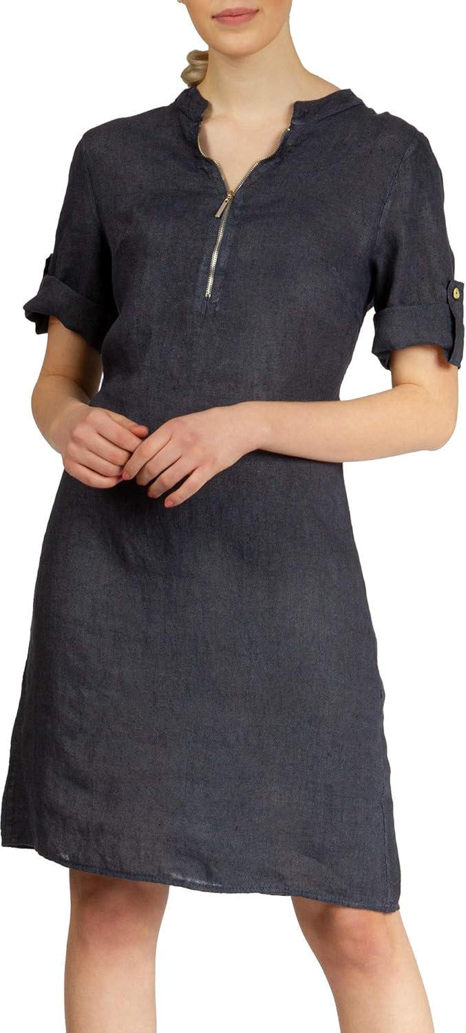 Caspar SKL037 stylisches knielanges Damen Sommer Leinenkleid mit Reissverschluss Ausschnitt 36 Dunke