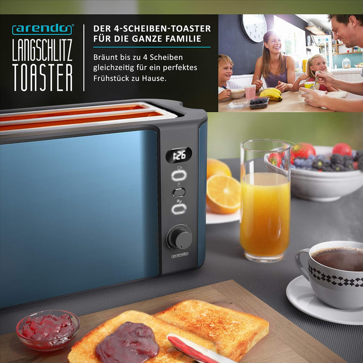 Arendo - Edelstahl Toaster Langschlitz 4 Scheiben - Defrost Funktion - wärmeisolierendes Gehäuse - m