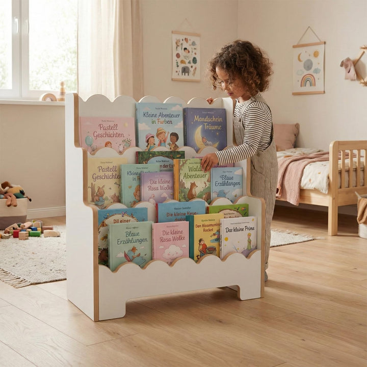 Montessori Kinderregal Weiss – Stabiles Bücherregal für Kinder – Regal für Spielzeug und Bücher – Er