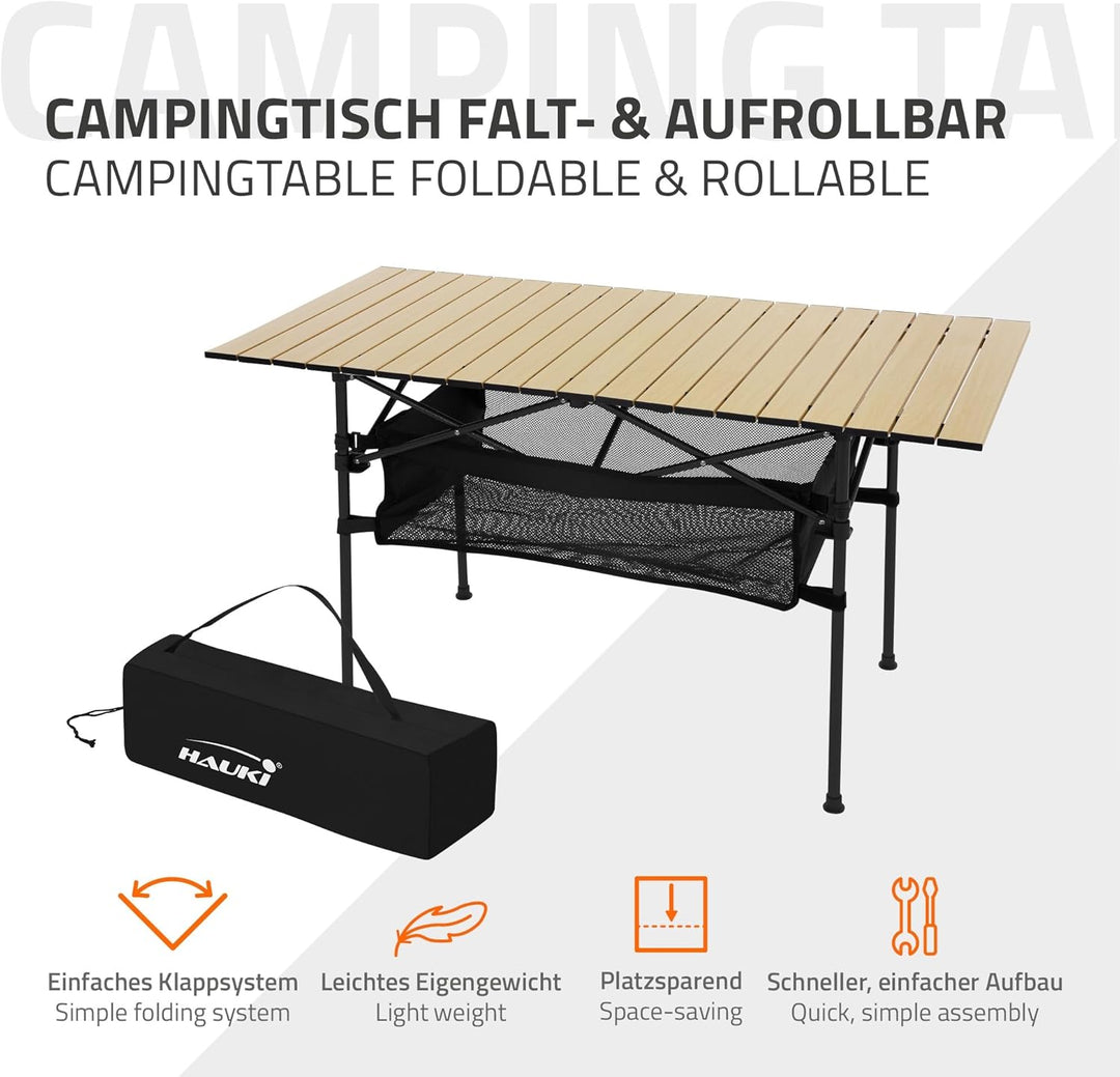 Hauki Campingtisch faltbar Beige, 118 x 55 x 64,5 cm, Aluminium Klapptisch, Aufrollbare Tischplatte,