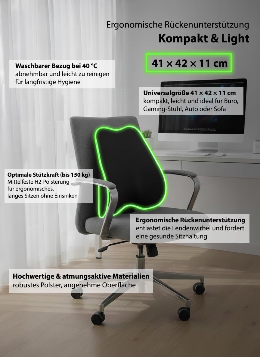 ergonomisches Rückenkissen H2 Memory Foam – bis 150 kg – atmungsaktiv & hautfreundlich – für Bürostu