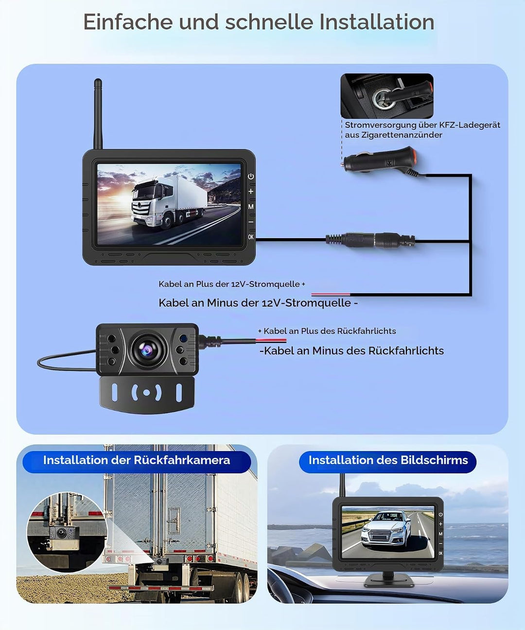 Rückfahrkamera Kabellos mit 4.3-Zoll-HD-IPS-Bildschirm, IP68 Nachtsicht Digital Rückfahrkamera Funk