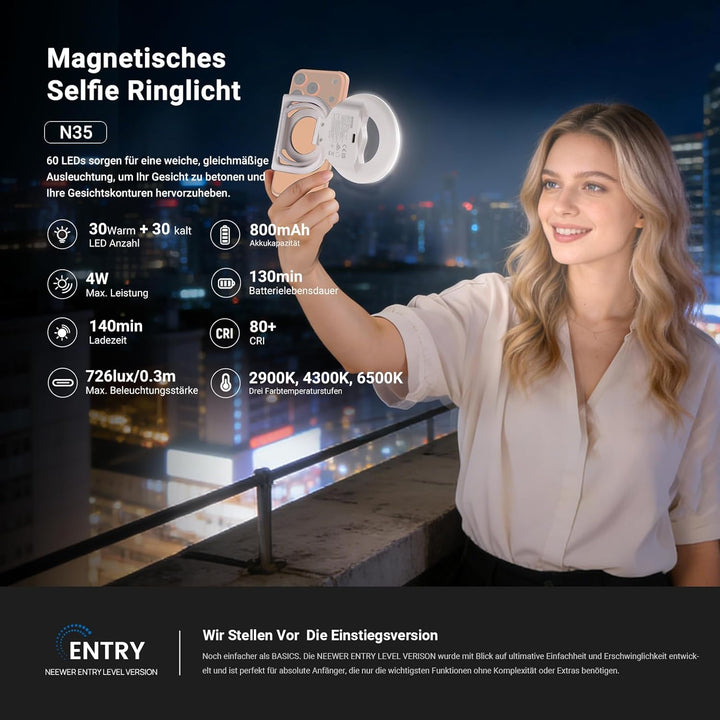 NEEWER Entry Level Version N35 Magnetisches Selfie Handy Licht Kompatibel mit MagSafe iPhone, 4W zwe