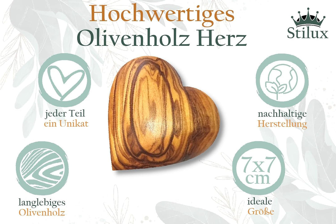 Stilux 2er-Set Herz Handschmeichler aus sehr schön gemasertem Olivenholz 7 cm | Glücksbringer Deko H