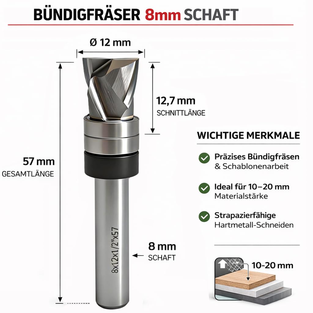 GLRYD Spiralfräser Bündigfräser 8mm Schaft, 12.7mm Schnittlänge, D=12mm, VHM Kompression Spiralnutfr