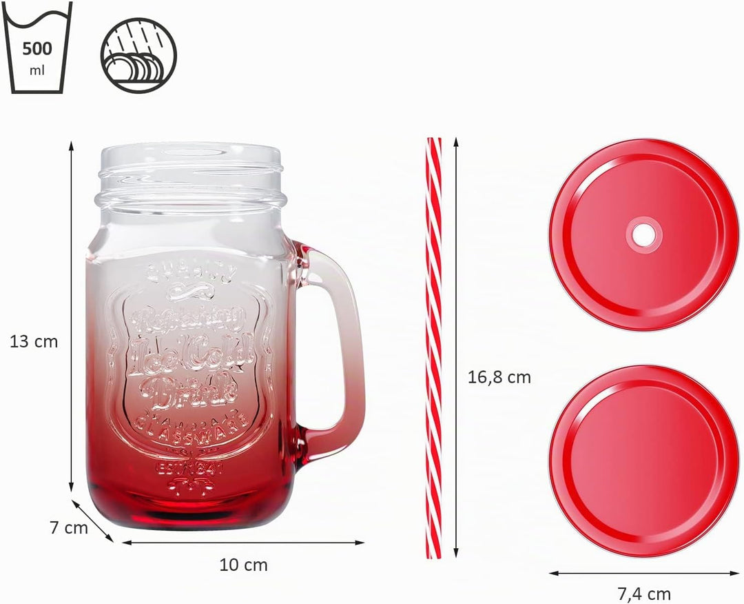 WELLGRO Trinkgläser Set bunt Farbverlauf mit Deckel und Trinkhalm 500ml inkl. Ersatzdeckeln Mehrweg