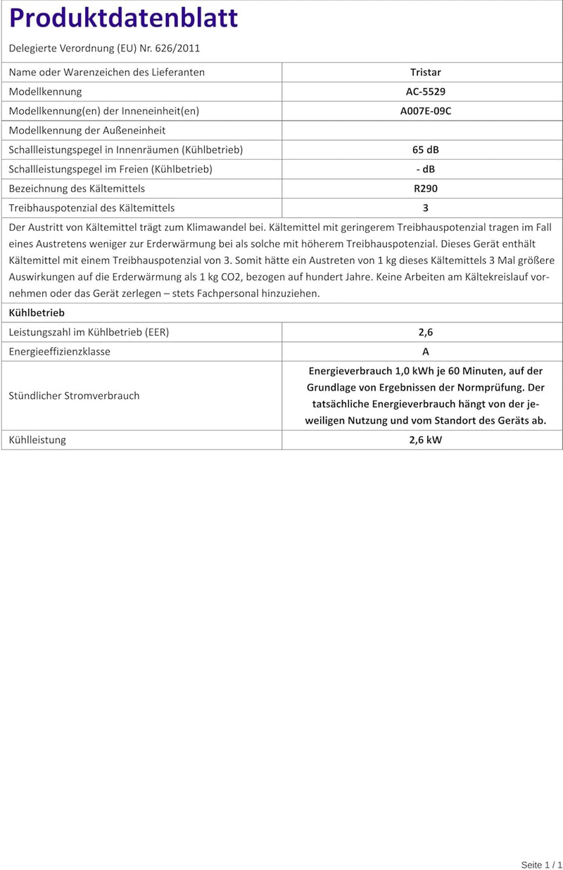 Tristar AC-5529 Mobile Klimaanlage – 9000 BTU – Kombinierte Kühl-, Entfeuchtungs- und Ventilatorfunk