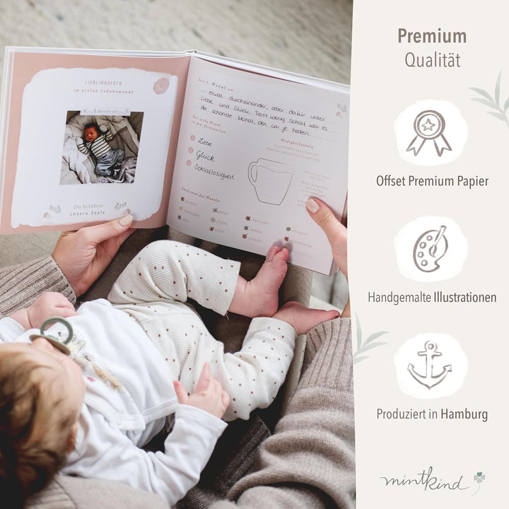 mintkind® Mein erstes Jahr Babyalbum Blumen rosa – zartes Babytagebuch mit 176 Seiten und Sticker-Se