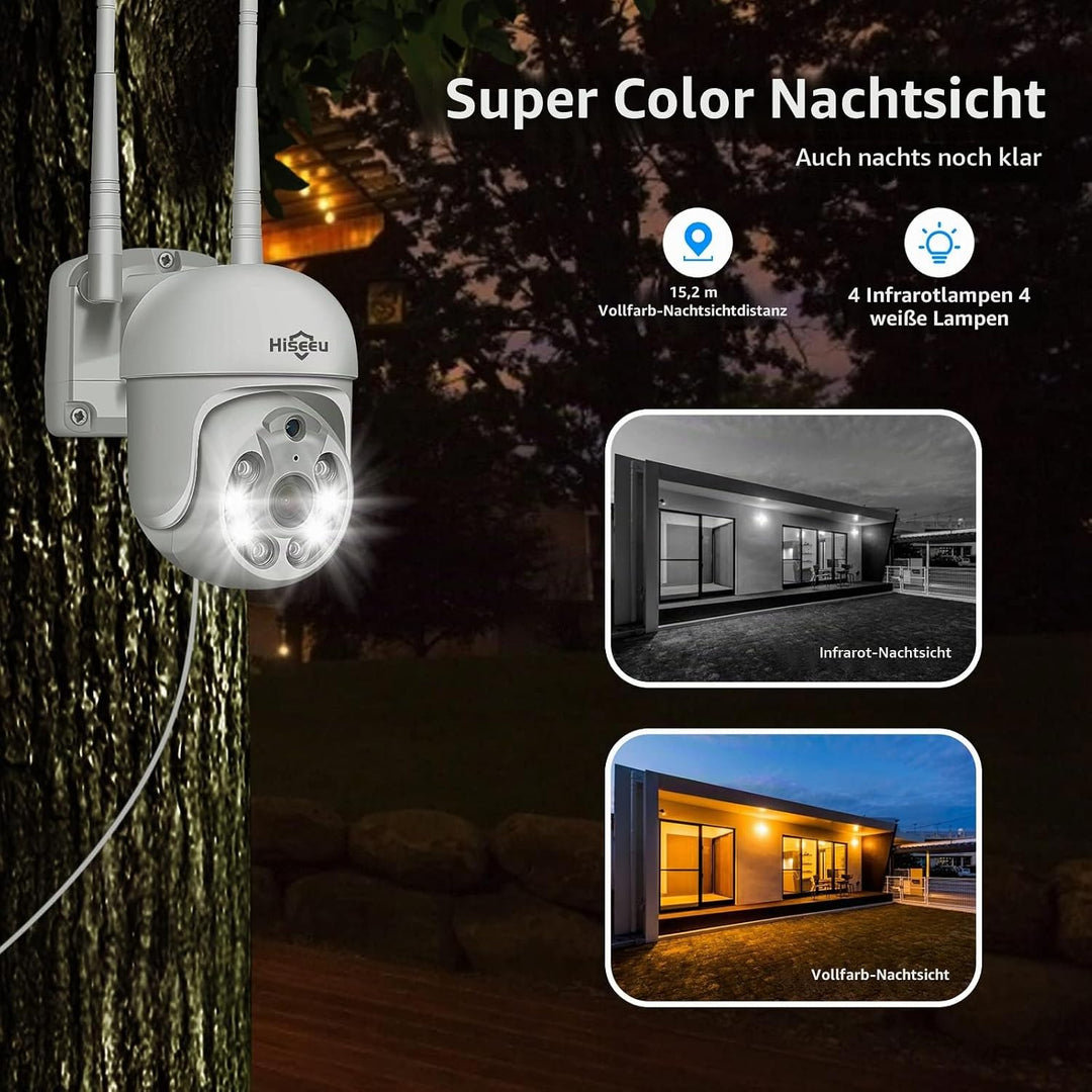 Hiseeu 5 MP Überwachungskamera Aussen-WLAN mit automatischer Verfolgung, 350°/90° schwenkbar, Farbna