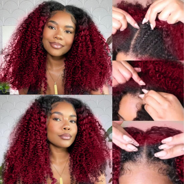 Curly V Part Wig Human Hair Burgundy Echthaar Perücke Real Hair Wig Red V Part Real Lockiges Menschl