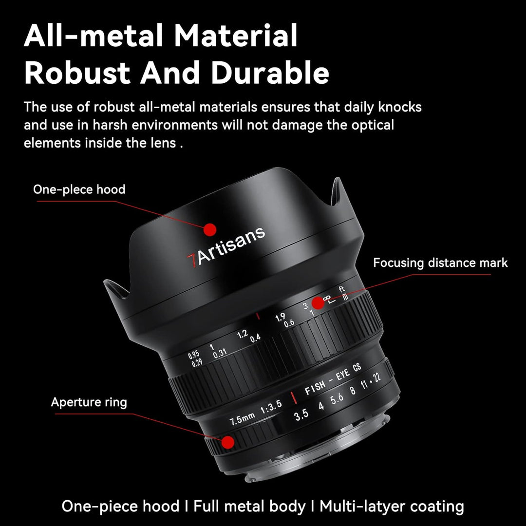 7artisans MF 7,5 mm F3.5 APS-C 205° Ultra-Weitwinkel-Manuelles Fischaugenobjektiv, kompatibel mit Ni