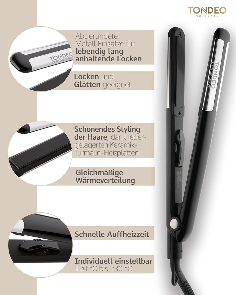 TONDEO Glätteisen Locken und Glätten CERION CURVE | Haarglätter mit 2 in 1 Funktion | Für langanhalt