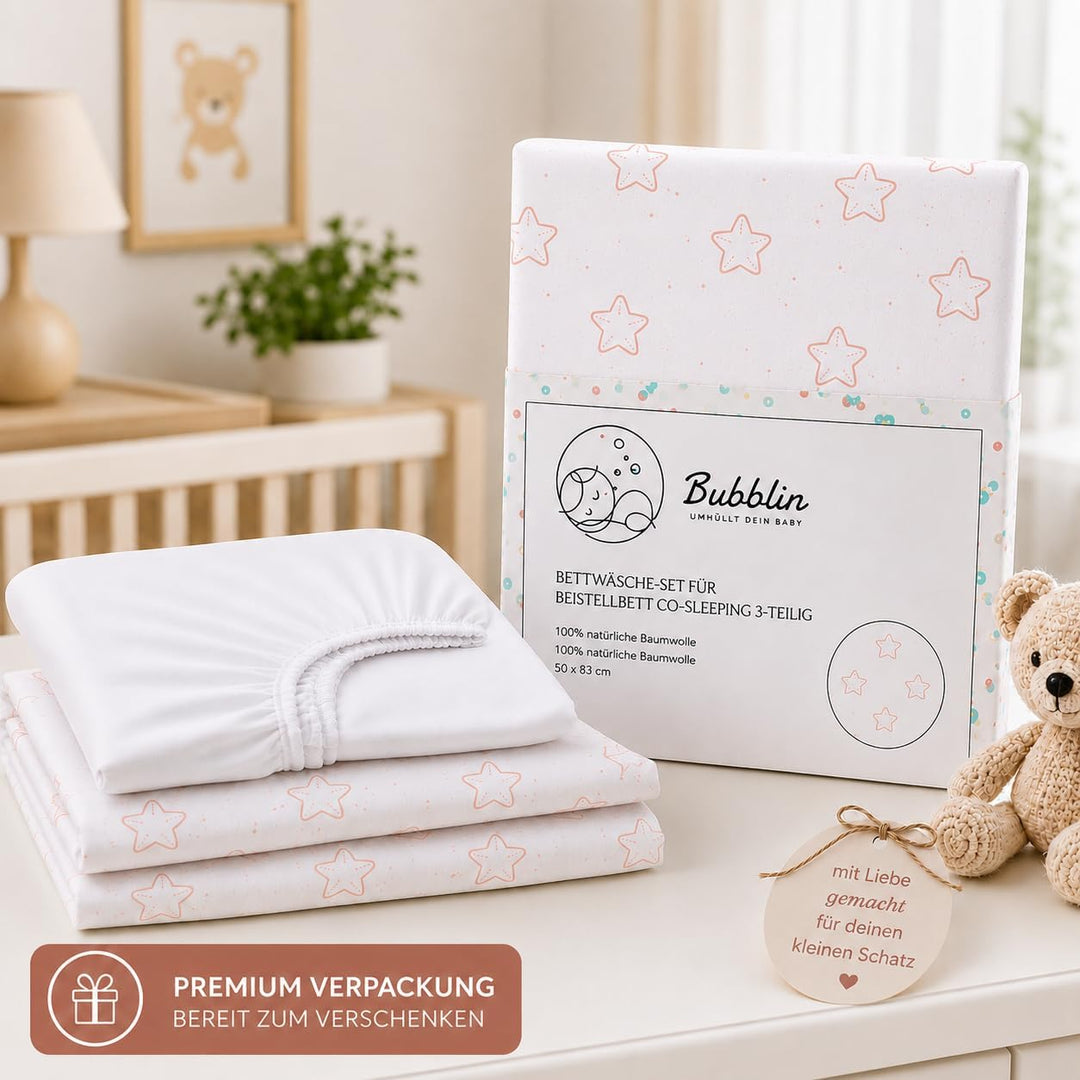 Bubblin Sheets Next to Me kompatibel 83x50 cm 3er Set: Kissenbezug + Top Sacklaken + Matratzenbezug