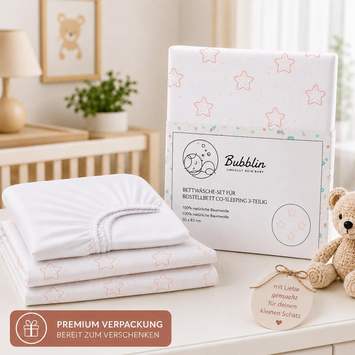 Bubblin Sheets Next to Me kompatibel 83x50 cm 3er Set: Kissenbezug + Top Sacklaken + Matratzenbezug
