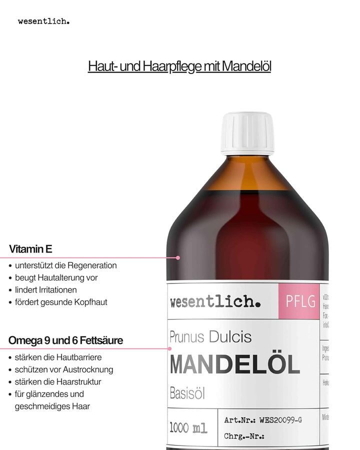 Mandelöl 1000ml - 100% reines Basisöl von wesentlich. - natürliche Pflege für Haut und Haar
