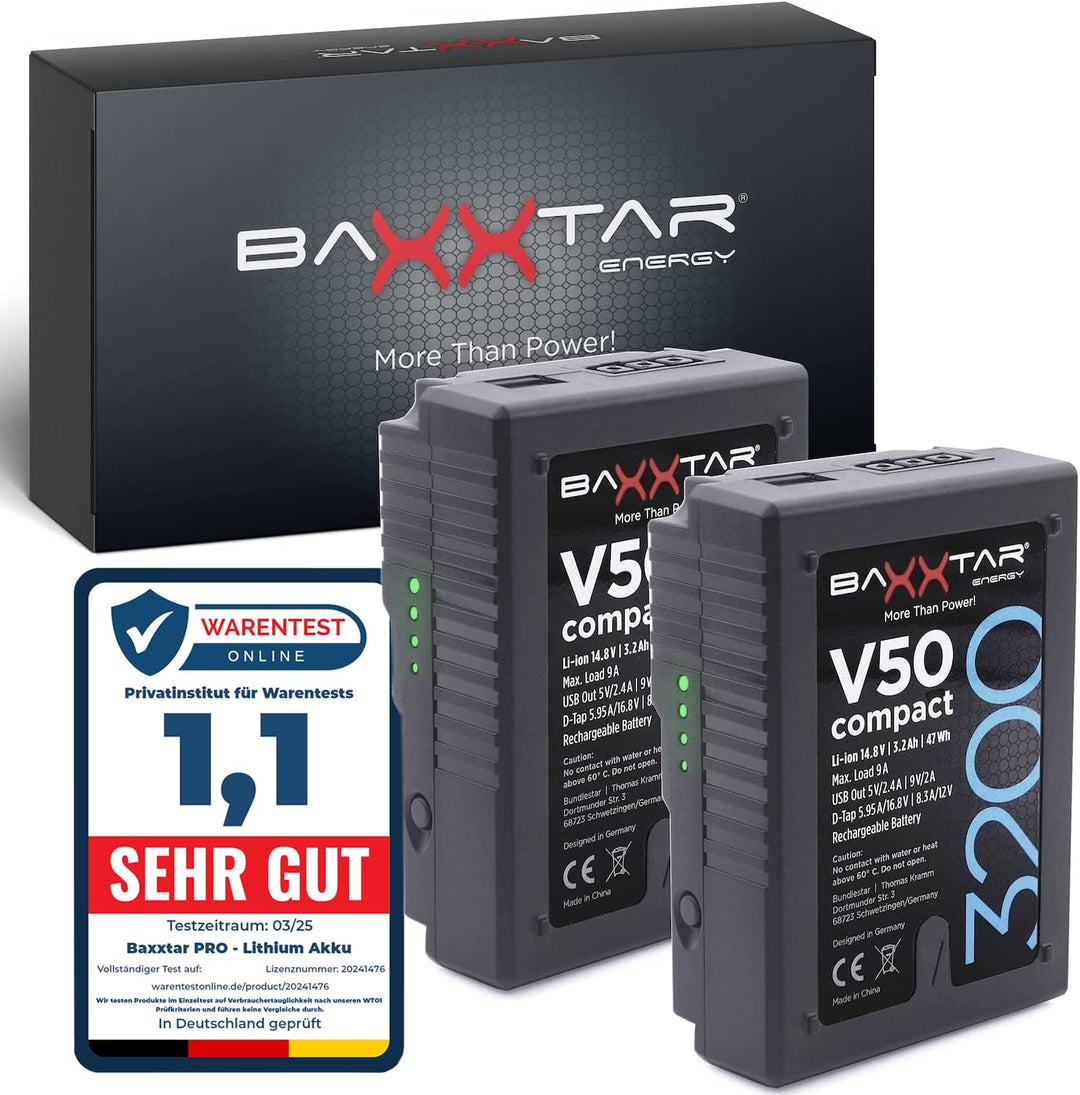 Baxxtar 2X V-Mount Akku V50 compact III (47Wh/322g) LG Cells Inside (echte 3200mAh) - mit D-Tap und