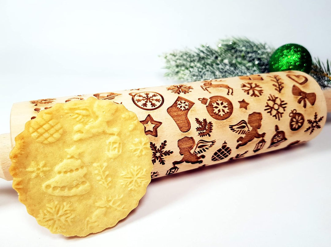 WEIHNACHTSGESCHENKE Nudelholz mit Muster Weihnachten Backen - Teigroller Holz für DIY Weihnachten Pl