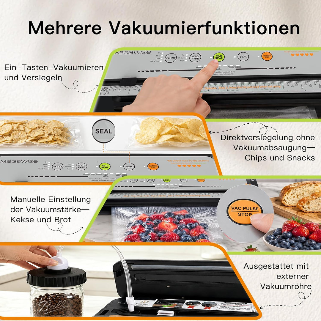 2023 Aktualisierte Vakuumiermaschine, MEGAWISE Lebensmittelversiegeler mit Starter-Set, Trocken- und