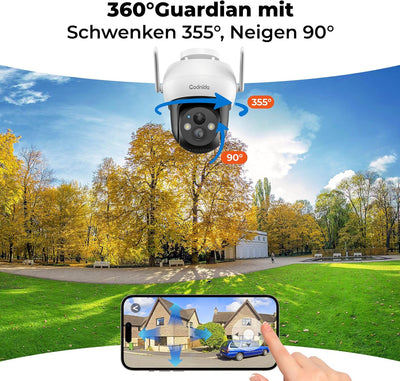 Codnida Überwachungskamera Aussen Akku Solar,360° Kamera Überwachung Aussen,Kabellos WLAN Kamera Out
