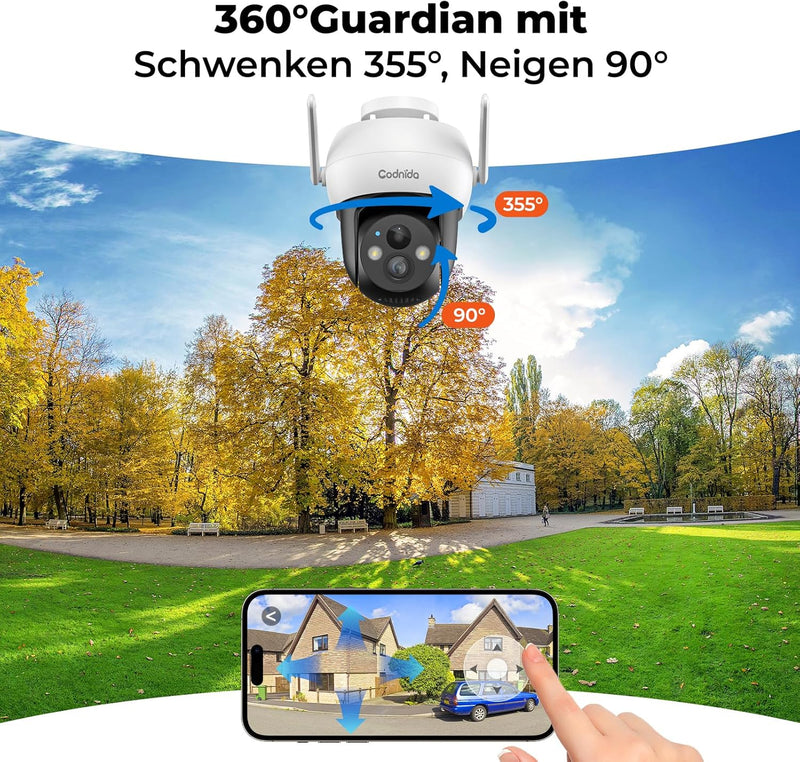 Codnida Überwachungskamera Aussen Akku Solar,360° Kamera Überwachung Aussen,Kabellos WLAN Kamera Out