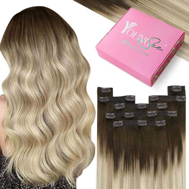 YoungSee Echthaar Extensions Clip Balayage Clip in Extensions Echthaar Braun Blond 35cm Extensions C