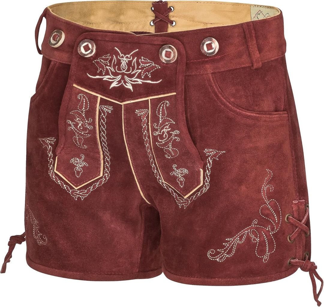 Damen Lederhose kurz - Trachtenlederhose Bergrose - Trachtenhose Hotpants mit Hosenträger 38 Rot, 38