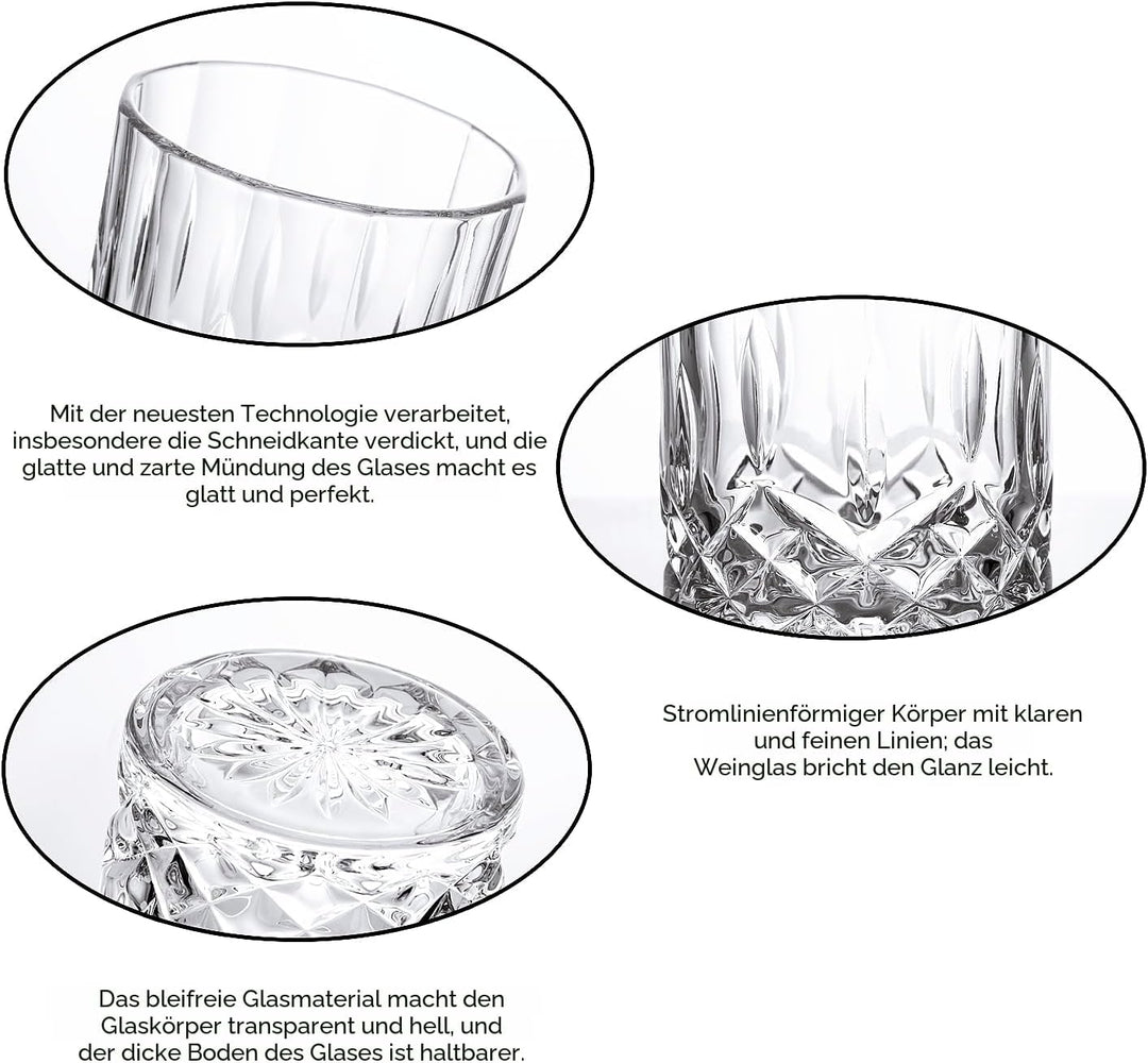 GLASKEY Whisky Gläser 4er Set,320ml Bleifreie Kristallwassergläser,Cocktail Rum Wodka Scotch Gin Cog