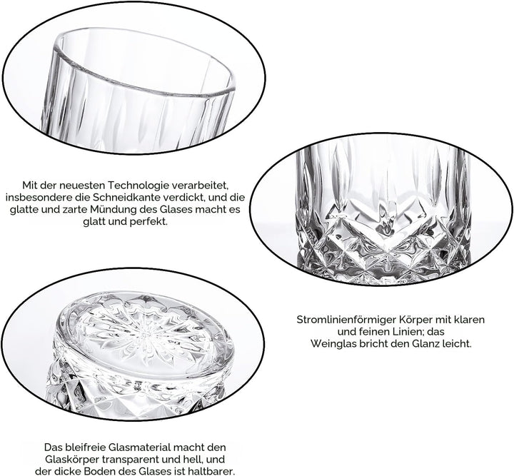 GLASKEY Whisky Gläser 4er Set,320ml Bleifreie Kristallwassergläser,Cocktail Rum Wodka Scotch Gin Cog