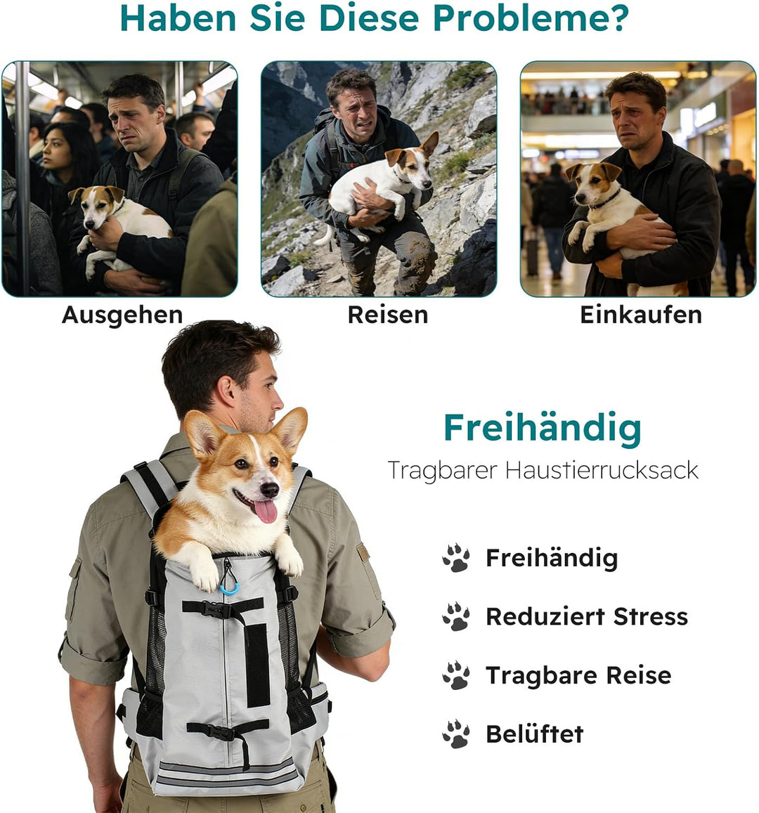 PETCUTE Hundetransportrucksack,Atmungsaktiver Haustier-Rucksack mit Sicherheitsverschluss &amp; Reflekto