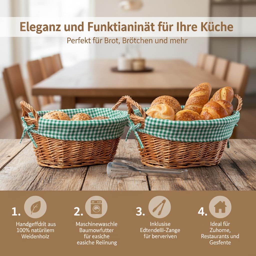 4 ländliche dicke Weide Brotkörbe + 4 herausnehmbare Baumwolleinlagen + 4 atmungsaktive Baumwollkorb
