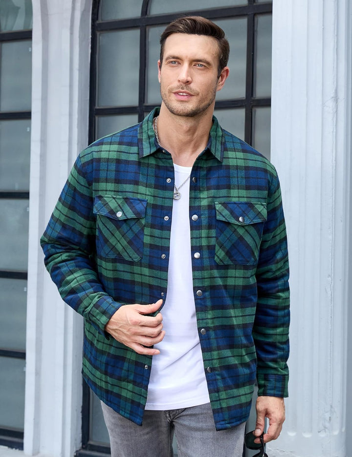 TACVASEN Herren Karierte Hemdjacke Flanellhemd Holzfällerhemd Thermohemd Jacke, 3XL Grün