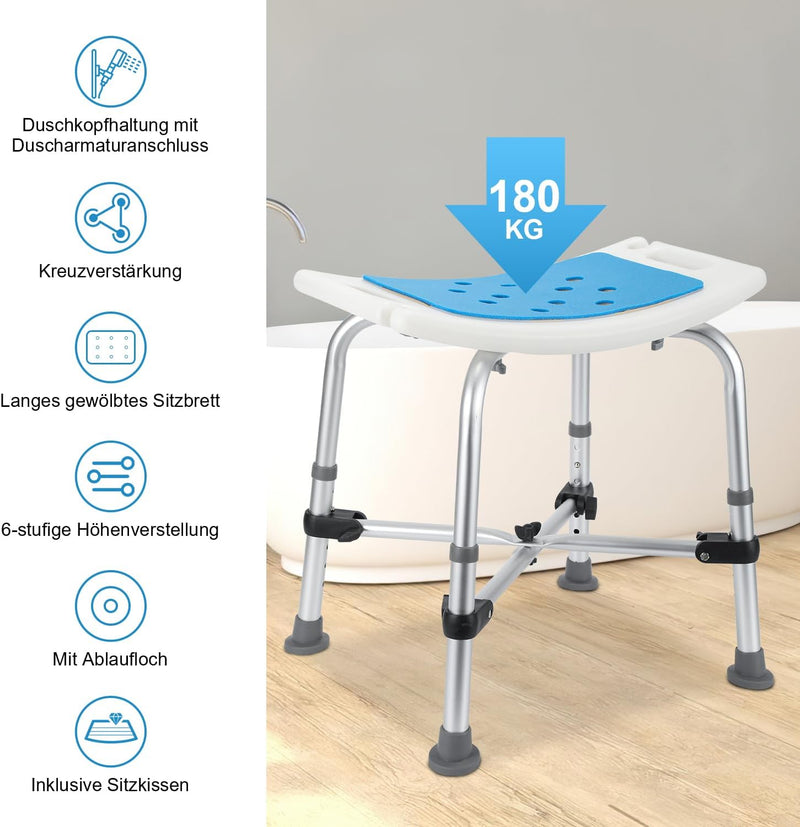 Joparri Duschhocker Duschstuhl für Senioren 180 kg, Aluminium Anti-Rutsch Badhocker Badsitz Höhenver