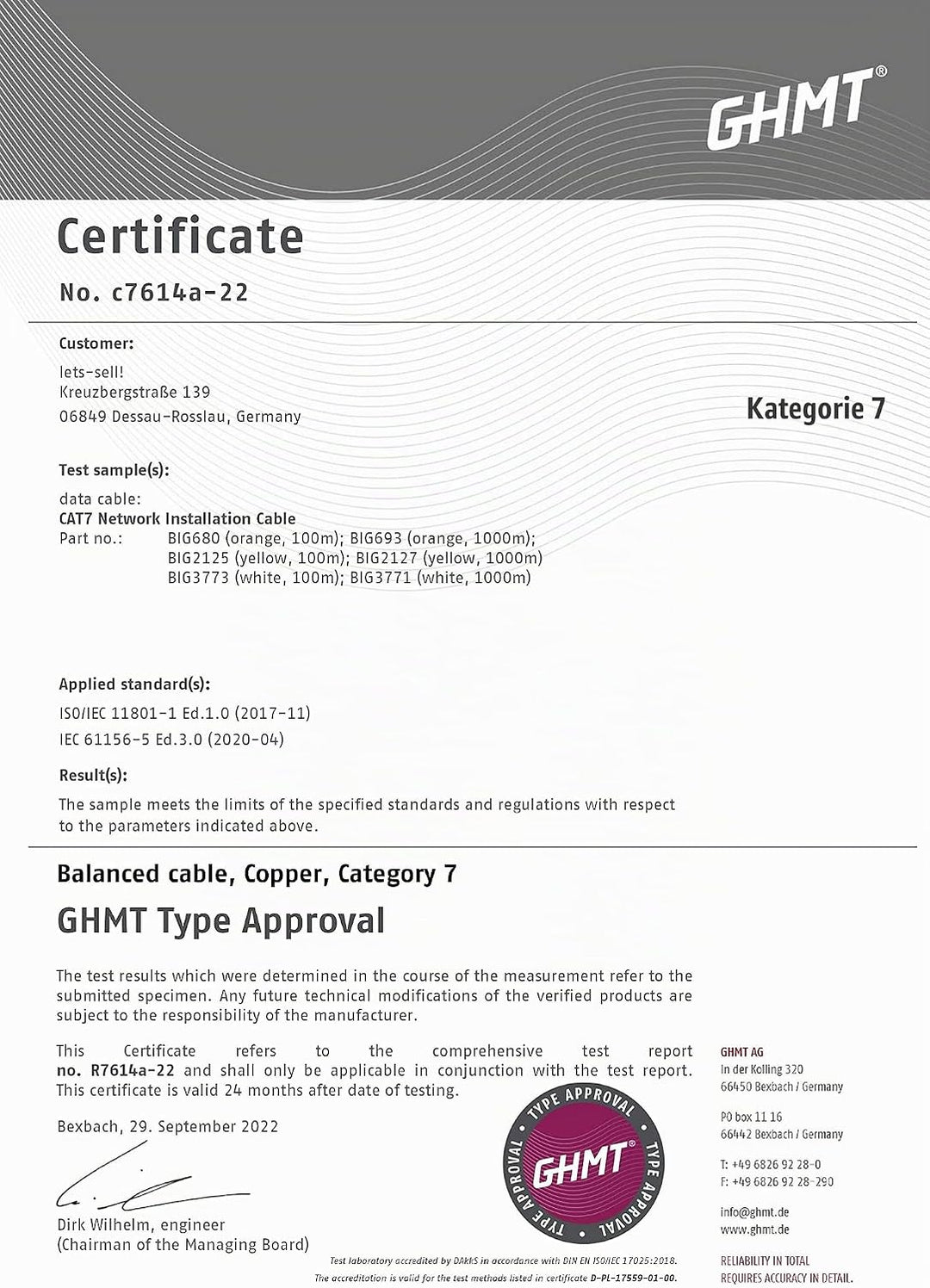 BIGtec CAT 7 Netzwerkkabel Verlegekabel LAN Kabel 100m weiss CAT7 PiMF S/FTP halogenfrei BauPVO Eca