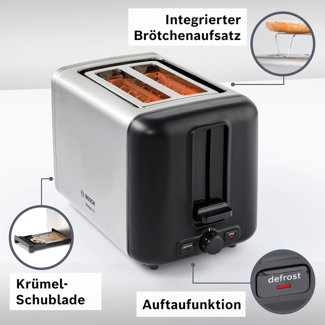 Bosch Kompakt Toaster DesignLine TAT3P420DE, integrierter Edelstahl-Brötchenaufsatz, mit Abschaltaut