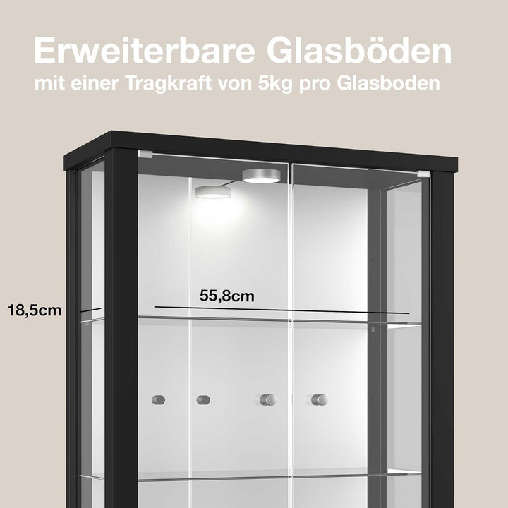 Hängevitrine in Schwarz (80x60x25 cm) mit 2 höhenverstellbaren Glasböden, Spiegel & LED - Modellauto