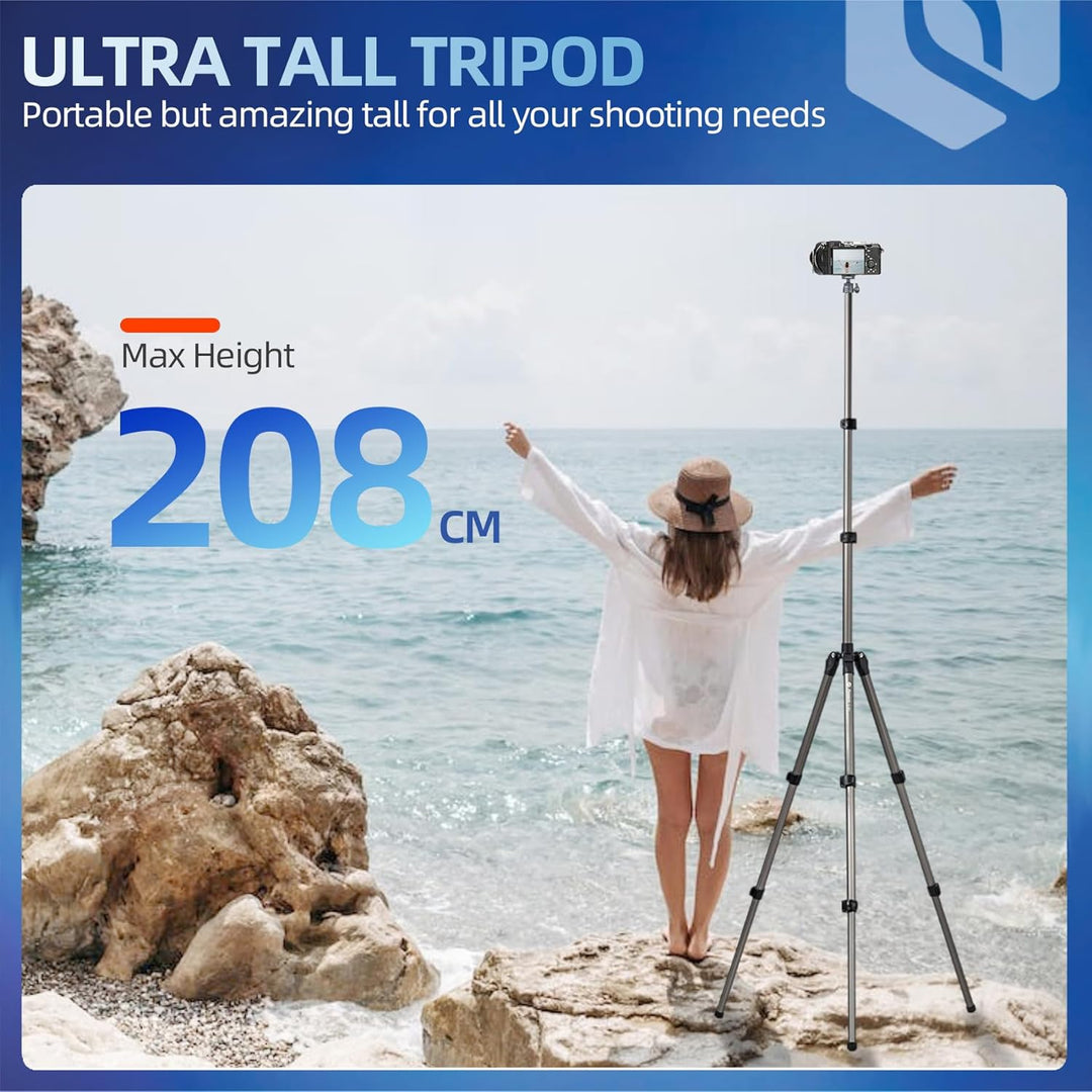 Fotopro 208CM Kamera Stativ mit 360° Kugelkopf, Telefonhalterung, Hohes und strapazierfähiges Ringli