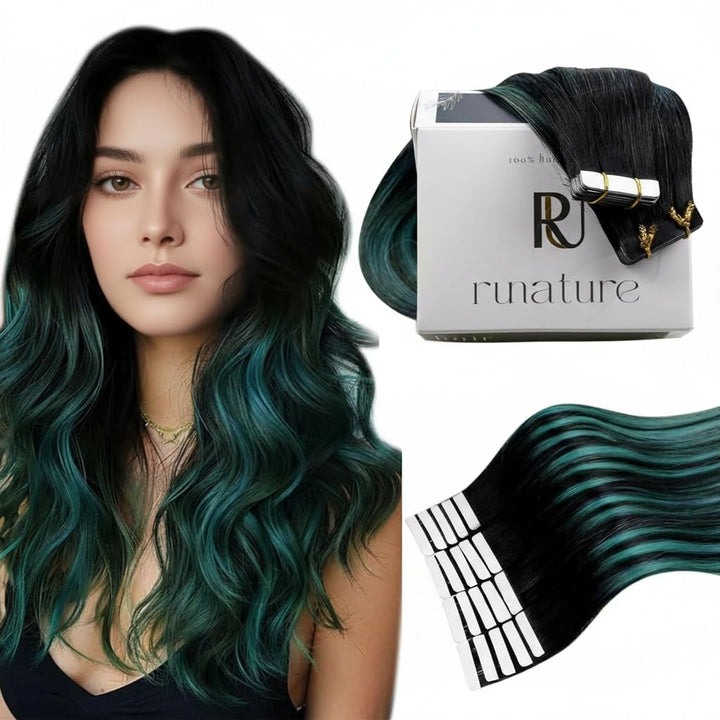 RUNATURE Invisible Tape Extensions Echthaar Schwarz Ombre Teal 45cm 20 Stück Haarverlängerung Tape E
